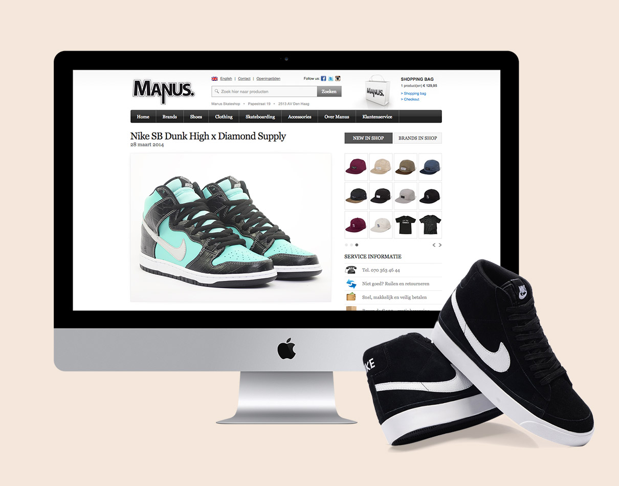 Manus Skateshop - design homepage op iMac
